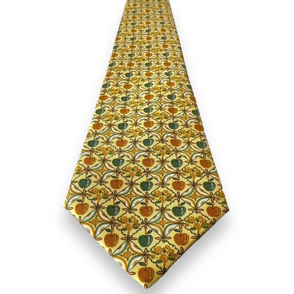 Hermes Tie 3.5 x 57 100% Silk Gold Apple Yellow Green Macintosh Vintage 90s EUC - Picture 1 of 9